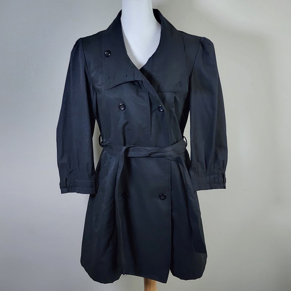 ALT Trench Coat Womens Medium Black Double Breasted Belted Puff Sleeve Jacket